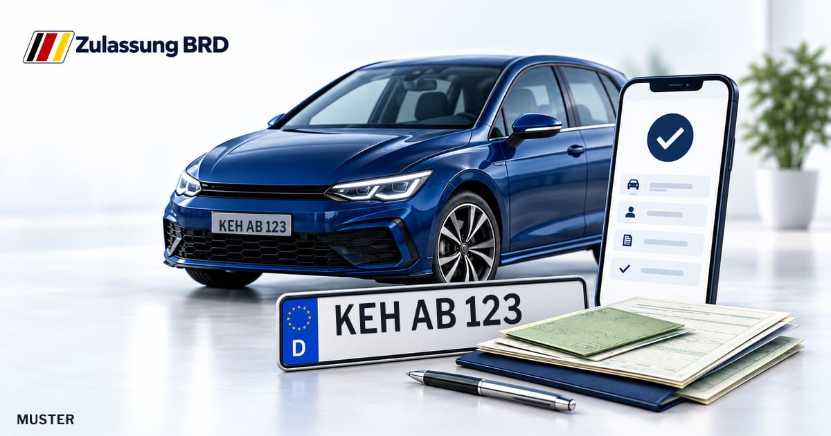Online Fahrzeugzulassung in Landkreis Kelheim: Musterkennzeichen KEH AB 123, Auto und Fahrzeugpapiere und Smartphone. Illustration mit Logo von Zulassung BRD.